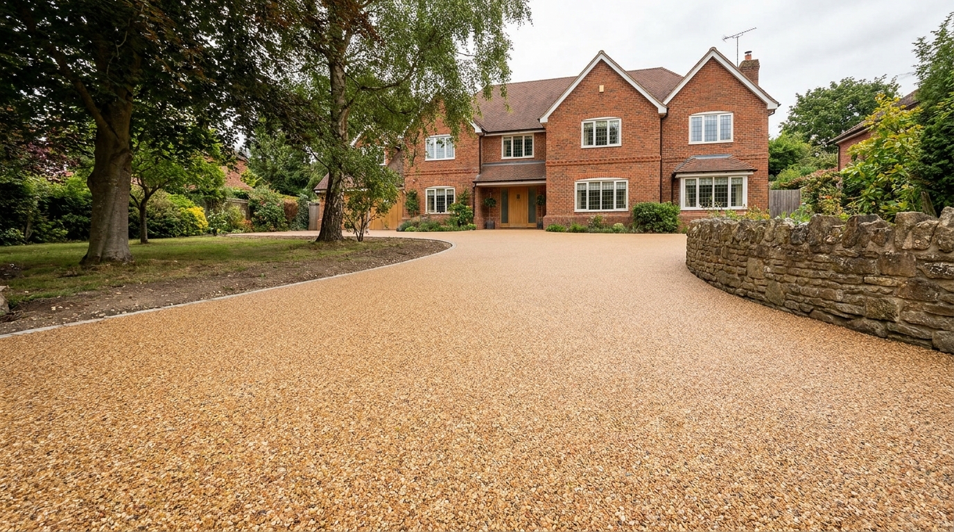 A freshly installed resin-bound aggregate driveway on a UK detached home, showing warm amber stone and a seamless finish
